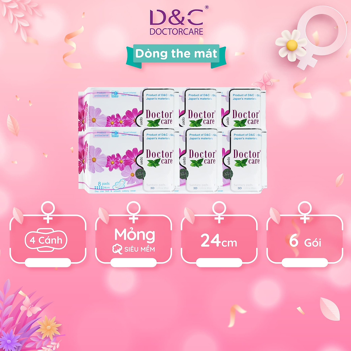 Combo 6 Băng vệ sinh thảo dược Doctor Care, BVS ban ngày 24cm siêu khô thoáng cả ngày dài