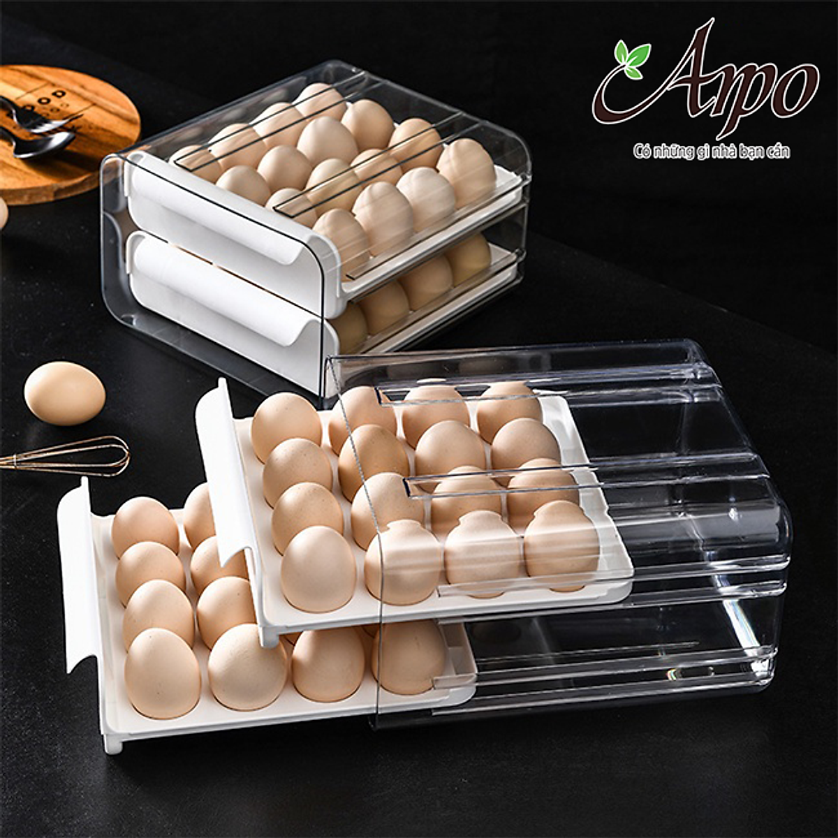 Hộp Đựng Trứng Hai Tầng 32 Ô Tiện Dụng Tích Hợp Khay Trượt Đựng Trứng gà Phong Cách Nhật Bản