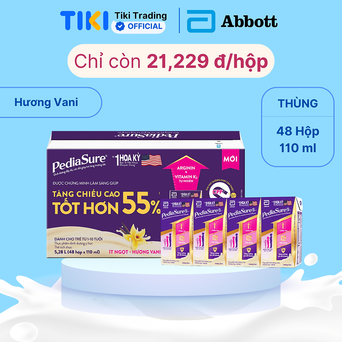 Thùng 48 Hộp Sữa Nước Abbott Pediasure Vani 110ml cho trẻ từ 1 - 10 tuổi