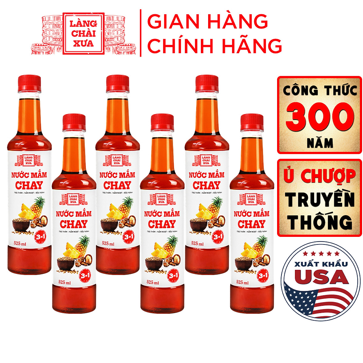 Đặc Sản Phan Thiết - Thùng 6 Chai Nước Mắm Chay 3 Trong 1 Làng Chài Xưa 525Ml Trái Thơm Nấm Ngọt Đậu Nành 300 Năm Truyền Thống