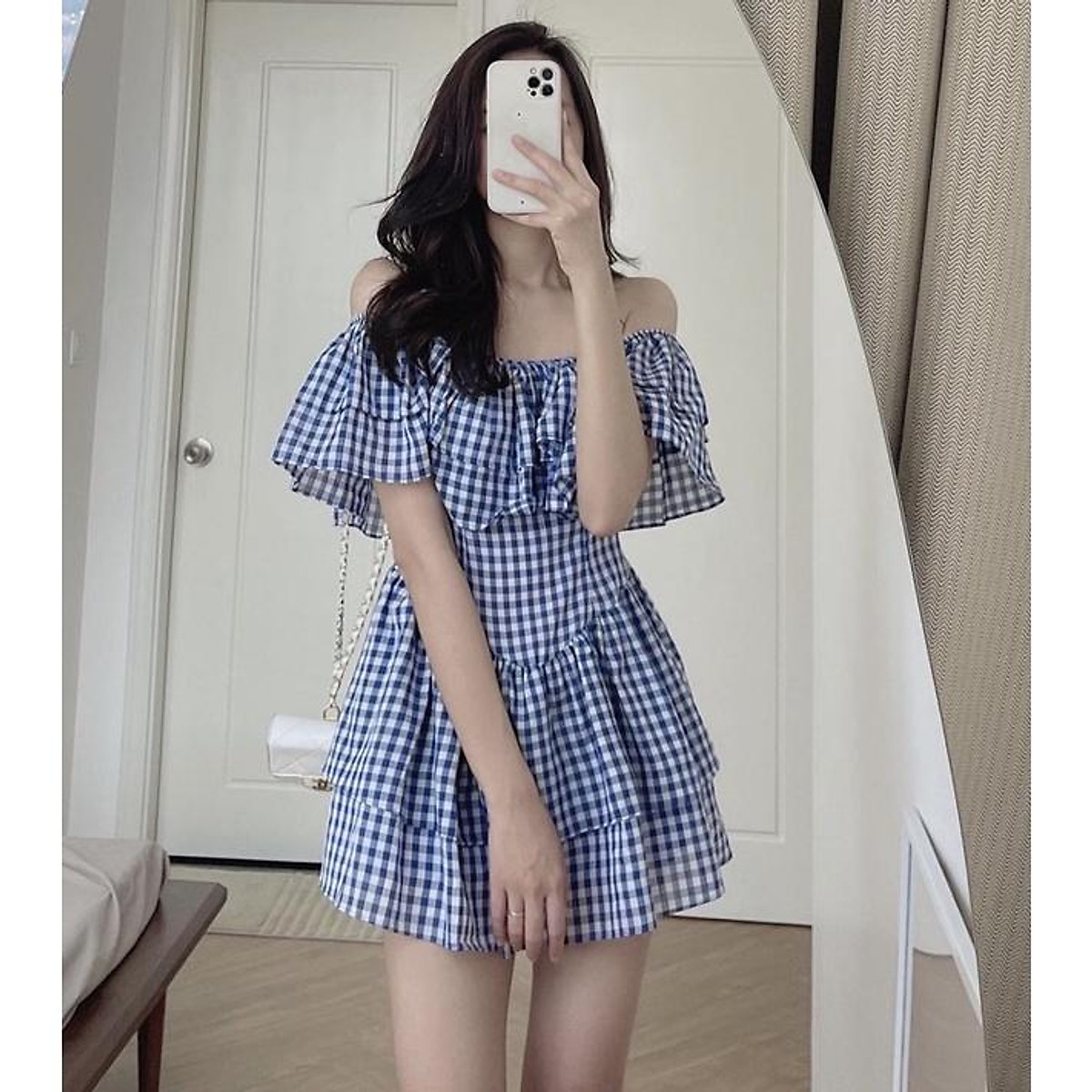 Váy trễ vai kẻ caro xanh bèo tầng ELLY DRESS tiểu thư - Đầm Dáng Xòe