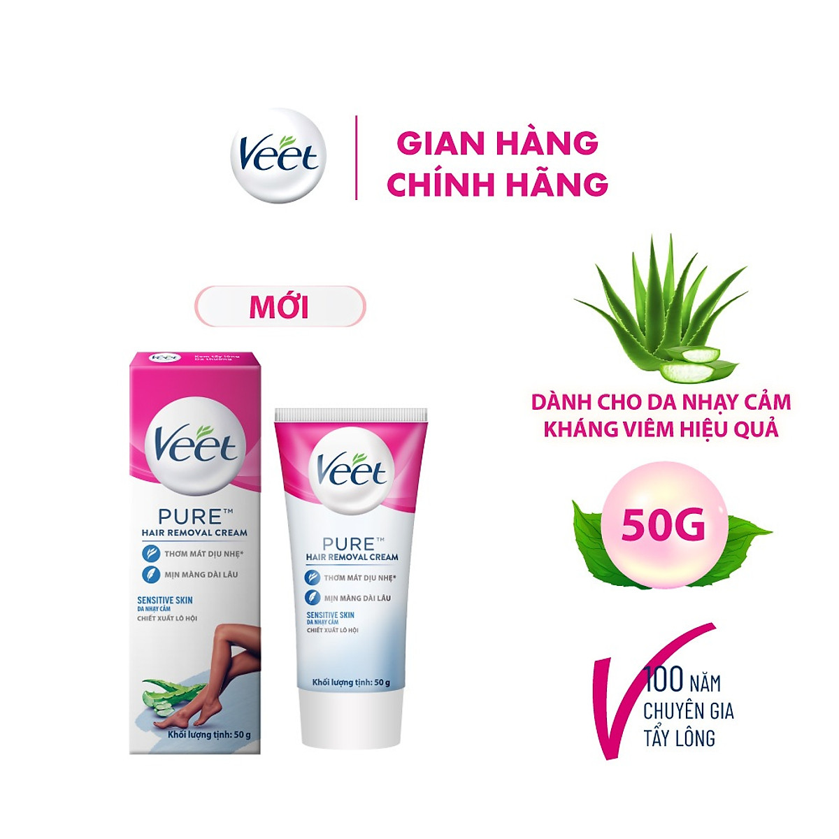 Kem tẩy lông Veet cho da nhạy cảm 50g, công thức Pure cải tiến