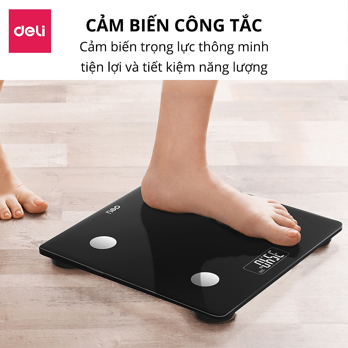Cân Điện Tử Sức Khoẻ Thông Minh Mặt Vuông Kính Cường Lực Chịu Lực Màu Đen Sang Trọng 180Kg Deli - Phù Hợp Gia Đình Trường Học - Hàng Chính Hãng - E86120