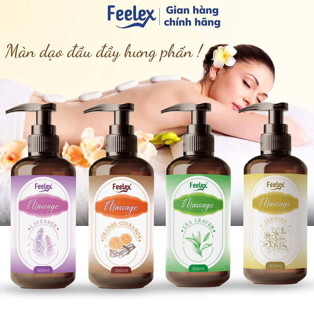 Dầu massage body Feelex toàn thân cho nam và nữ, nhiều mùi hương, dung tích 300ml