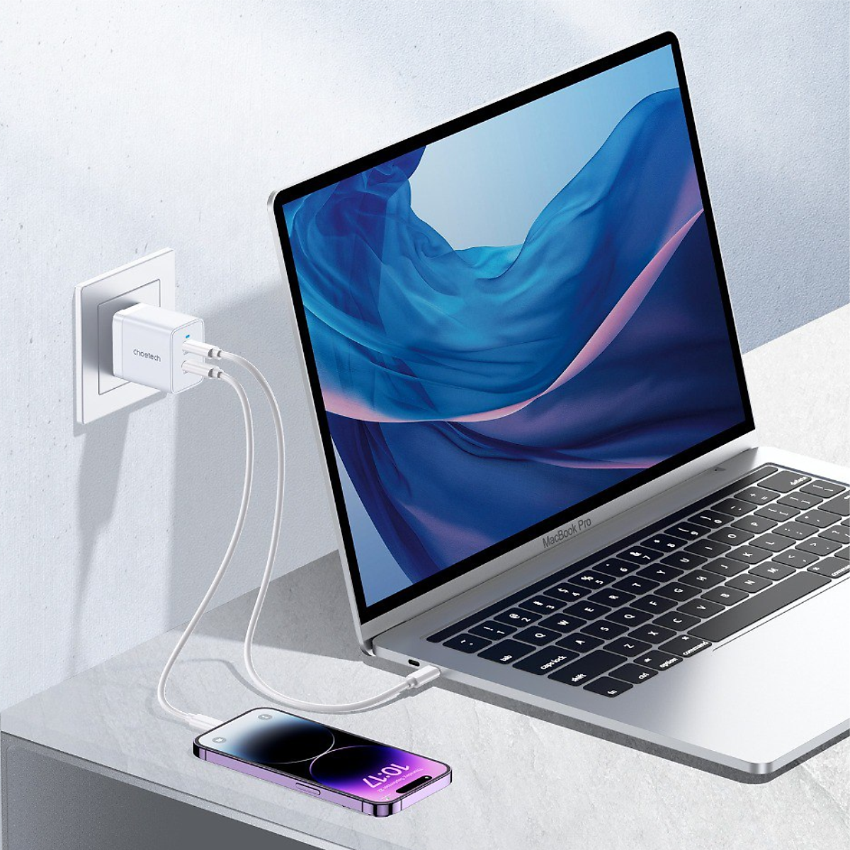 Bộ Củ Sạc Nhanh Type C 40W, Sạc 2 Cổng 20W Cho iPhone 15, iP16, Cho SamSung PPS 25W CHOETECH Q5006 Và Cáp CC0005-S - Hàng Chính Hãng