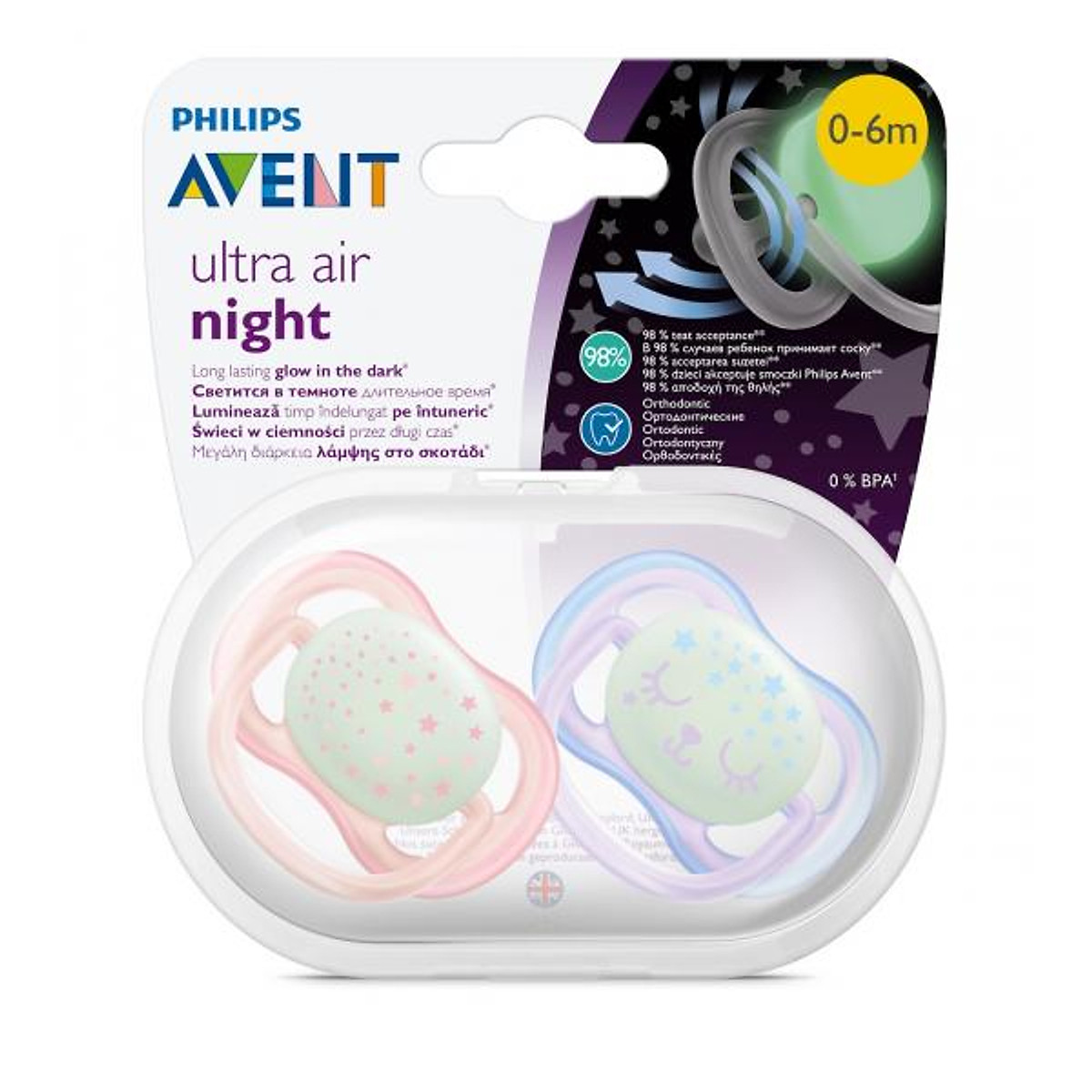 Ty ngậm ban đêm Philips Avent cho bé từ 0-6 tháng tuổi (vỉ 2 núm) SCF376/10 - Màu ngẫu nhiên