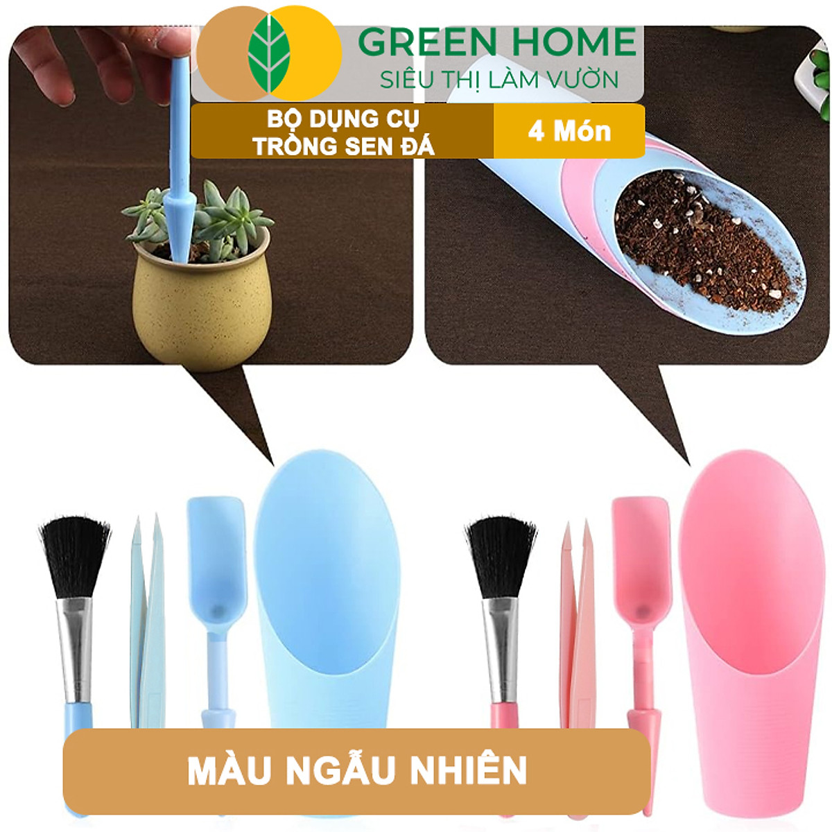 Dụng Cụ Làm Vườn GreenHome, Mini 4 Món, Chuyên Trồng Sen Đá, Xương Rồng, Tiểu Cảnh Mini, Màu Ngẫu Nhiên