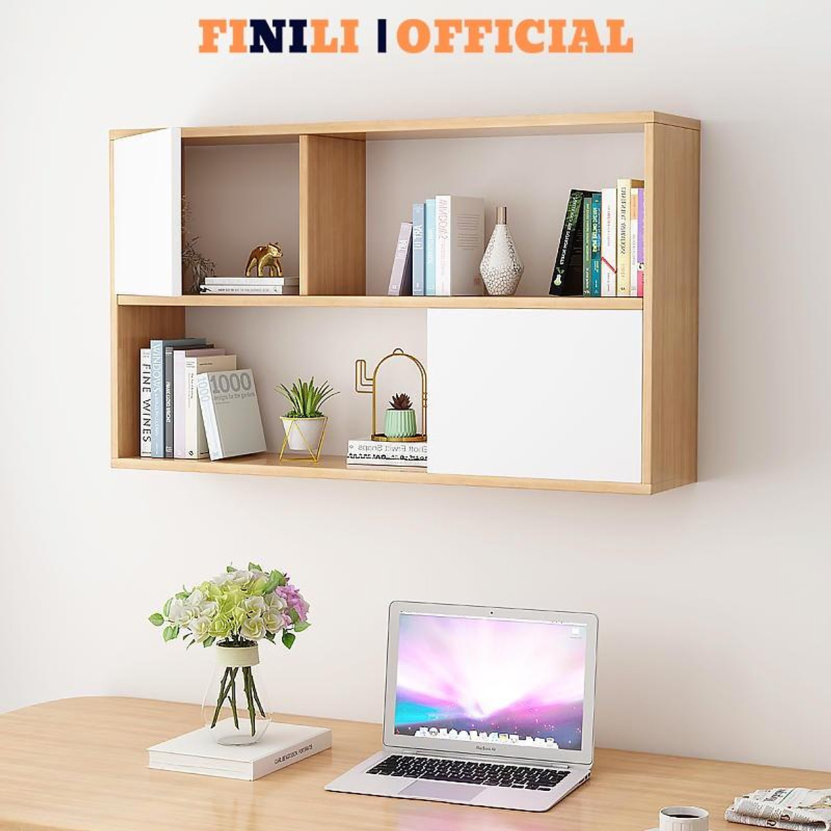 Kệ sách gỗ treo tường có cánh trang trí phòng khách FINILI hình ...