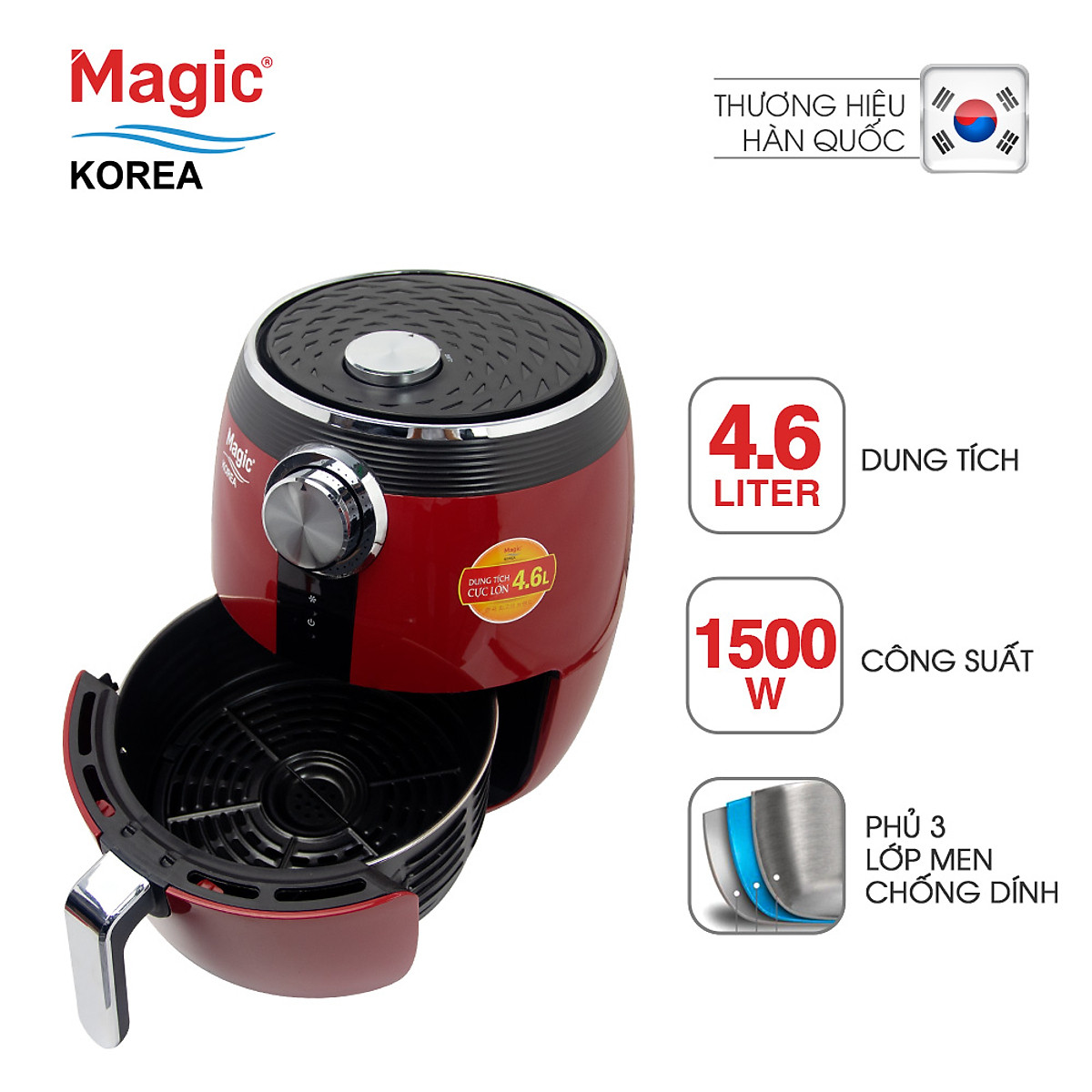Nồi Chiên Không Dầu Magic A-802 (4.6 Lít) Đỏ- Hàng Chính Hãng