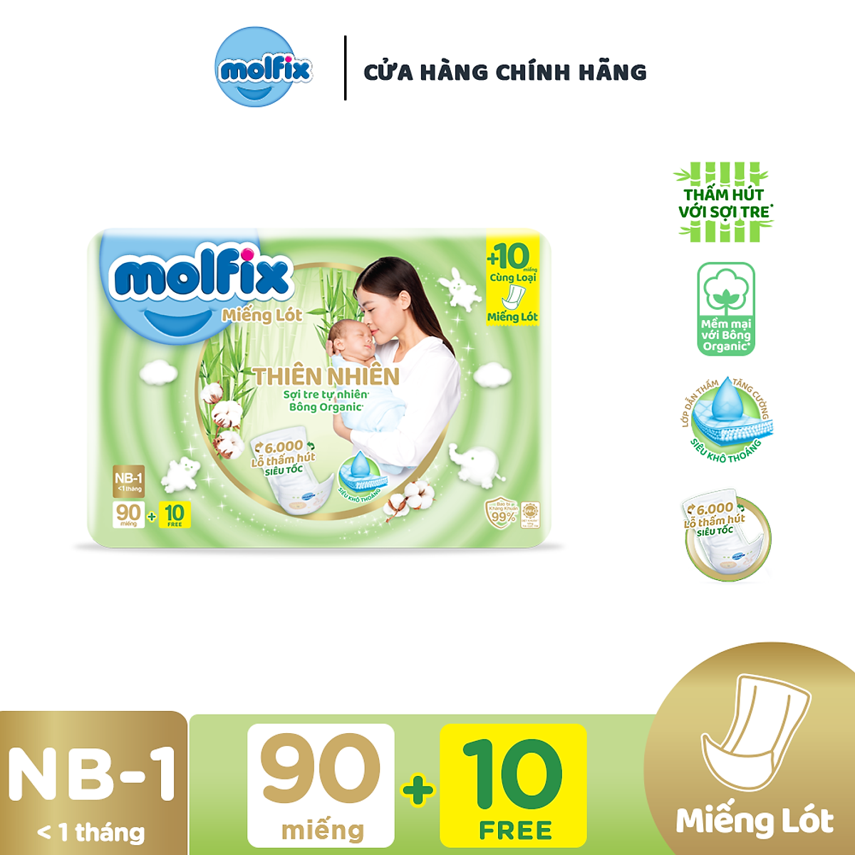 Miếng lót sơ sinh Molfix Thiên nhiên Super Jumbo Newborn 1 (dưới 1 tháng tuổi) - Gói 90+10 miếng