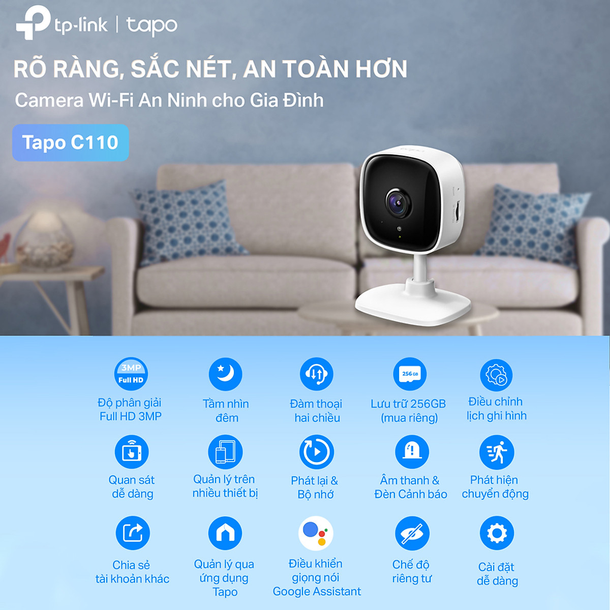 Camera WiFi Thông Minh TP-Link Tapo C110 Độ Phân Giải 3MP An Ninh Gia Đình - Hàng Chính Hãng