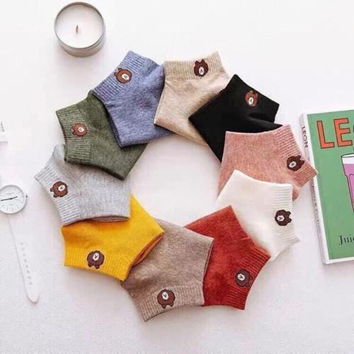 Set 2 Đôi Tất Vớ Nữ Ulzzang Trơn Cổ Ngắn, Vớ Tất Cổ Thấp Hình Gấu Brown Màu Ngẫu Nhiên