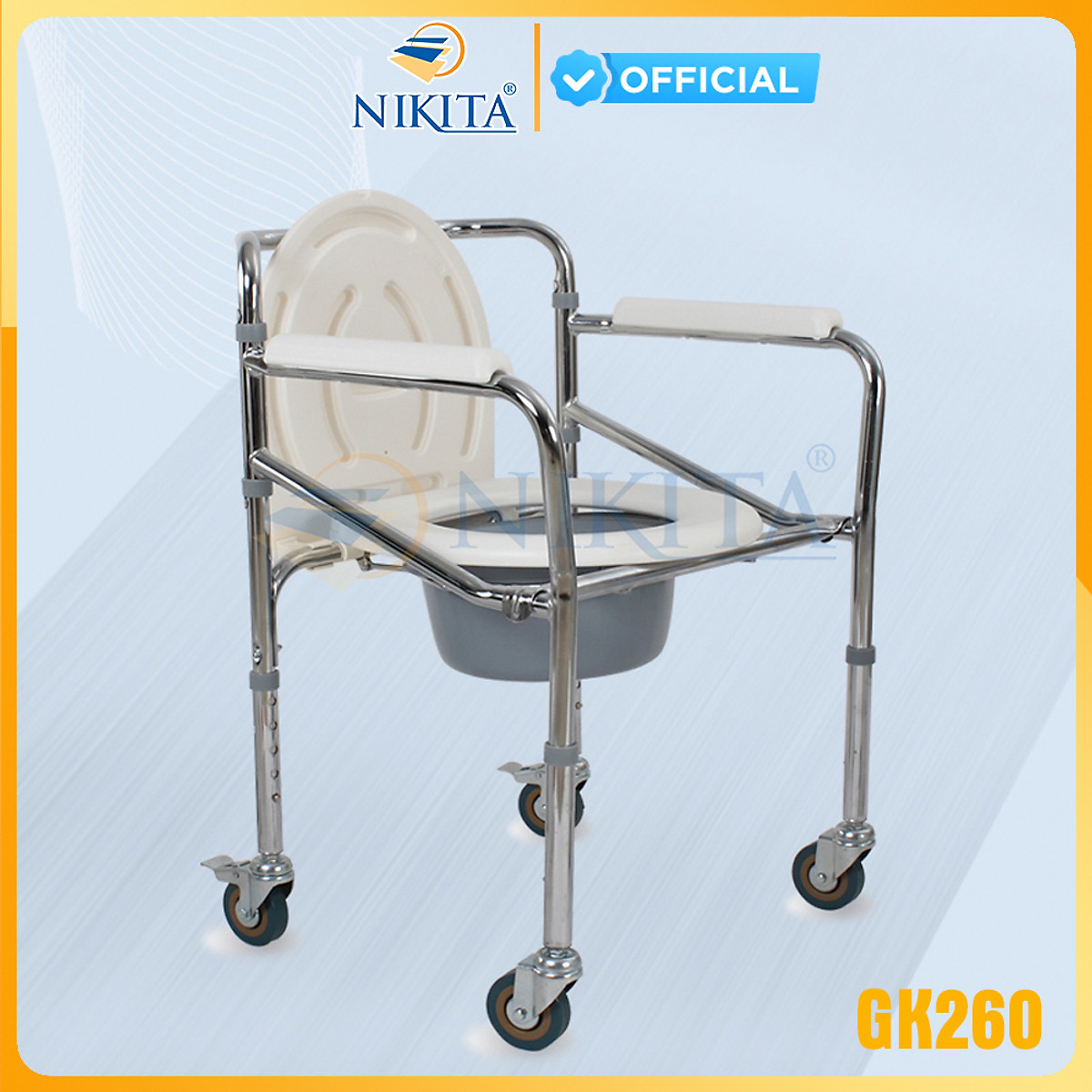 Ghế bô vệ sinh Nikita Inox cao cấp, có bánh xe di chuyển tiện lợi, cho người già, người bệnh và trẻ em mẫu 2021
