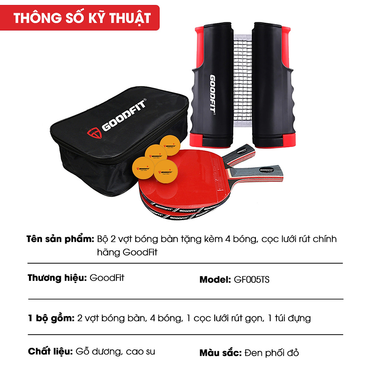 Bộ 2 vợt bóng bàn tặng kèm 4 bóng, cọc lưới rút chính hãng GoodFit GF005TS