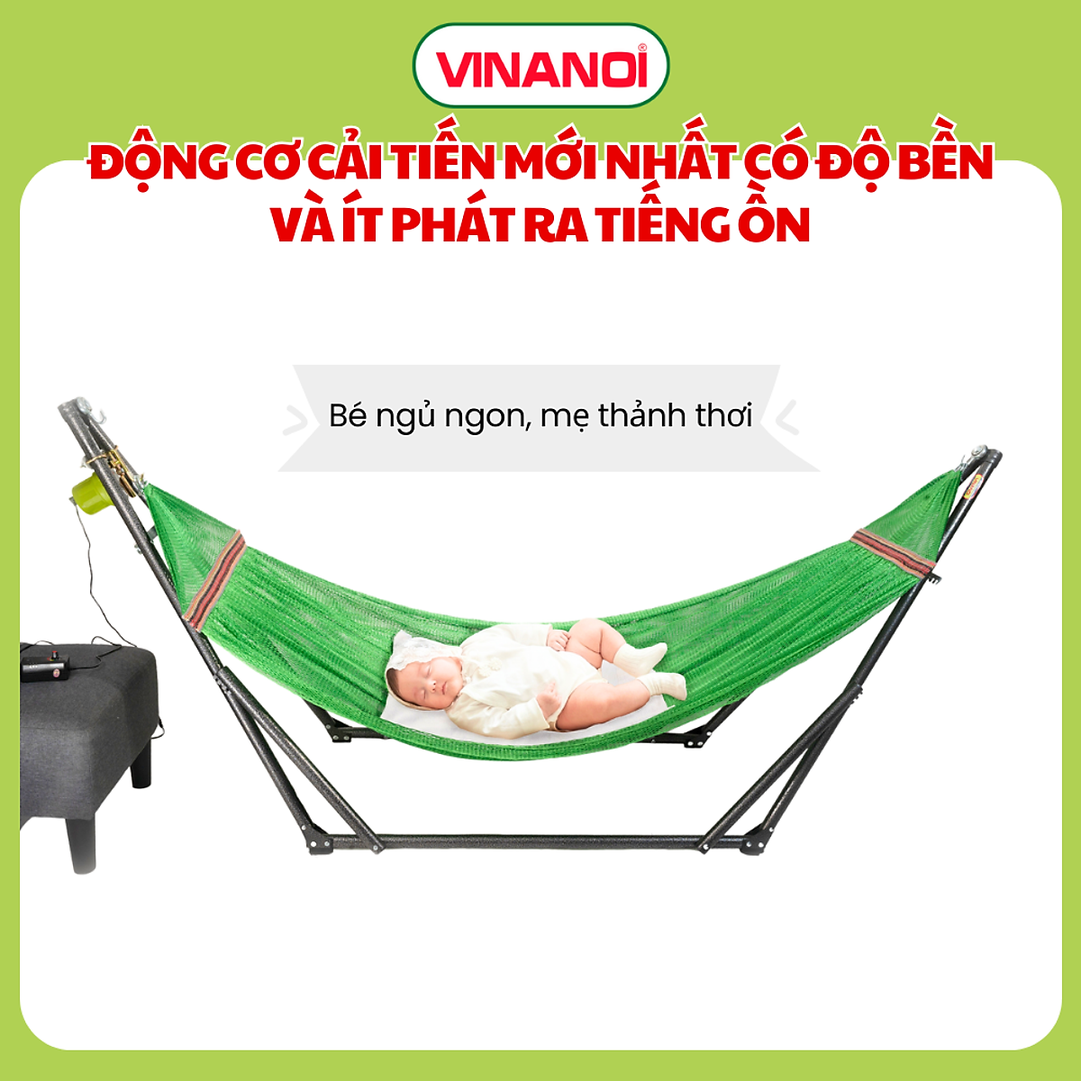 Máy Đưa Võng Tự Động Cao Cấp Vinanoi Asanta AS100 - Sức Đưa 100 Kg Cho Cả Mẹ Và Bé, Dùng Điện 110-220v và pin sạc dự phòng