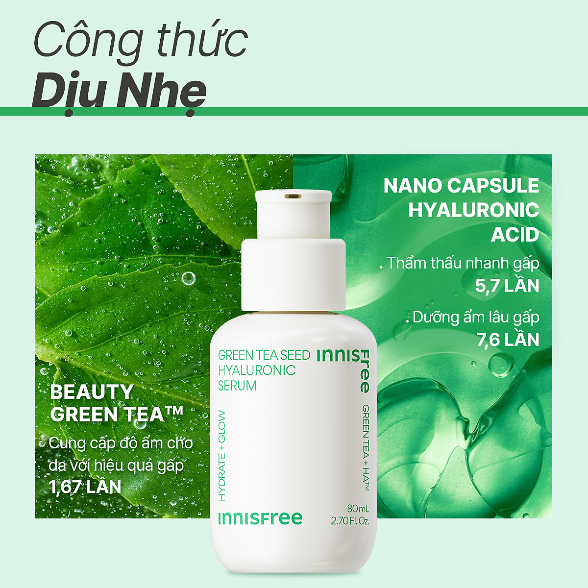 Tinh chất innisfree Green Tea Seed Hyaluronic Serum 2023 Nano 5 loại HA cấp nước tức thì cho da 80mL