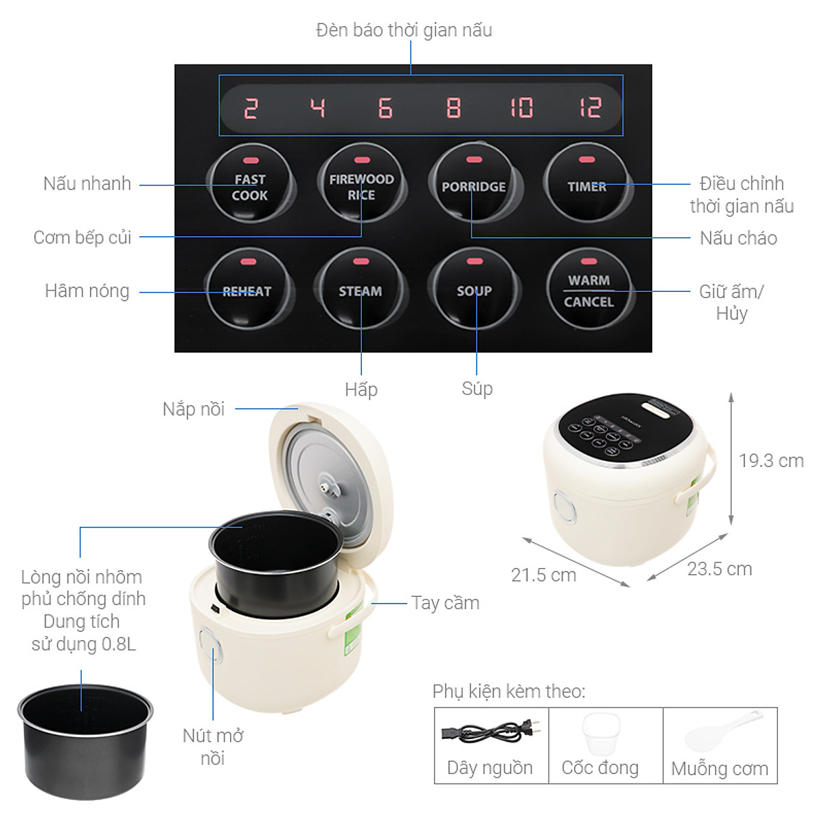 Nồi Cơm Điện Tử Lock&Lock EJR716IVY 0.8L - Hàng Chính Hãng, Dây Điện Có Thể Tháo Rời, Có Quai Xách, Tặng Kèm Ống Hút Và Cọ Rửa