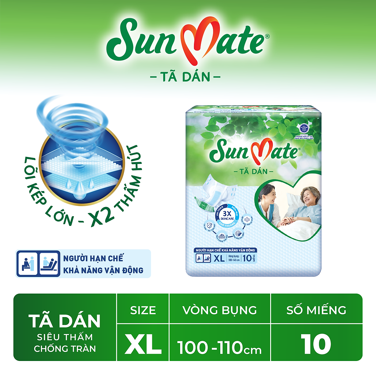 Combo 2 Tã Dán Người Lớn SunMate G2 Size XL10 (10 Miếng)