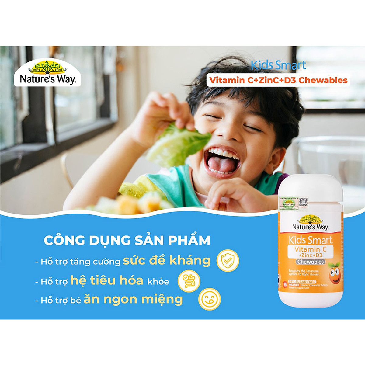 Nature’s Way Kids Smart Vitamin C + Zinc + D3 - Bổ sung Vitamin C, Vitamin D3 và Kẽm cho bé (75 viên/ Lọ)