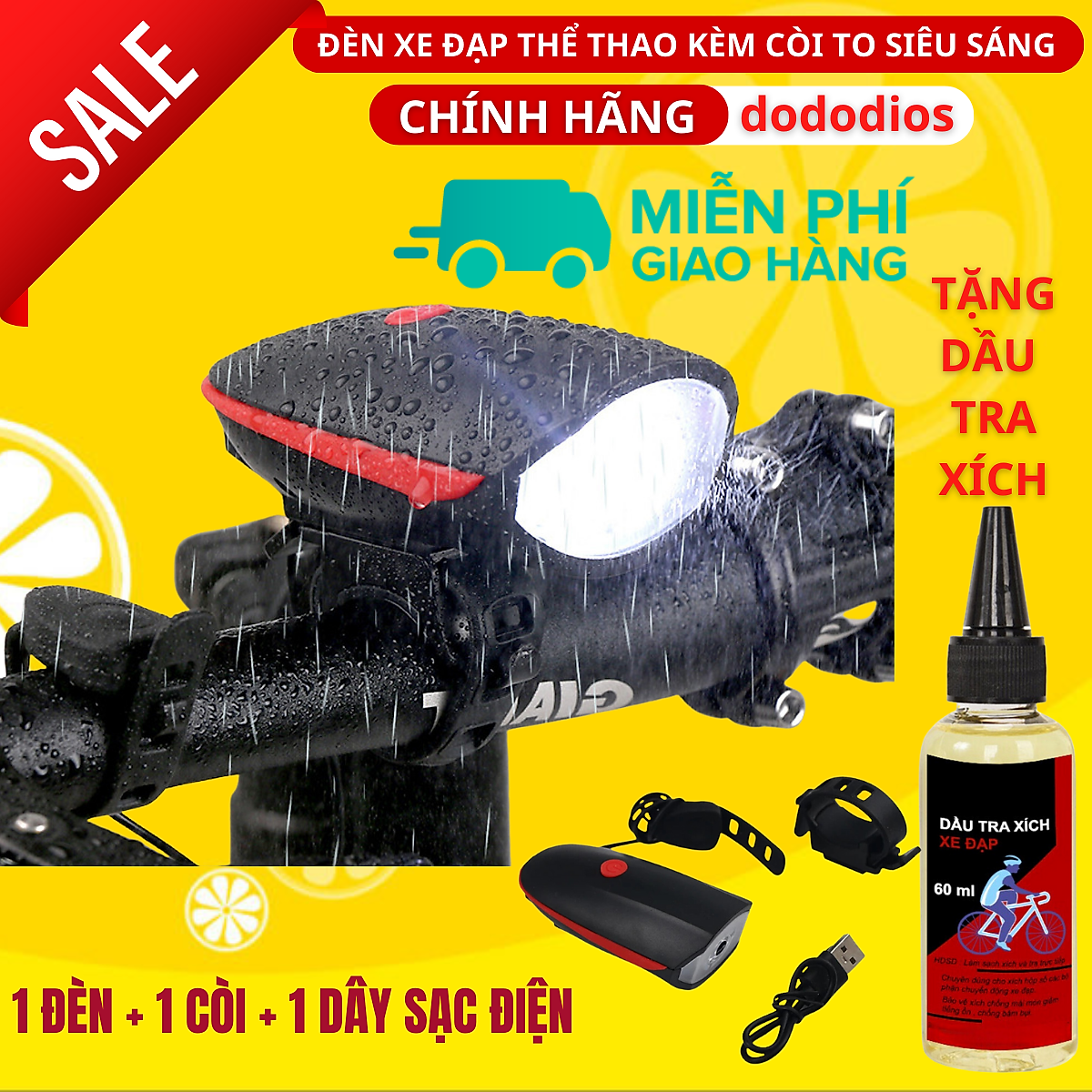 Đèn xe đạp thể thao dododios siêu sáng có còi pin sạc usb led T6 chống nước - Hàng chính hãng