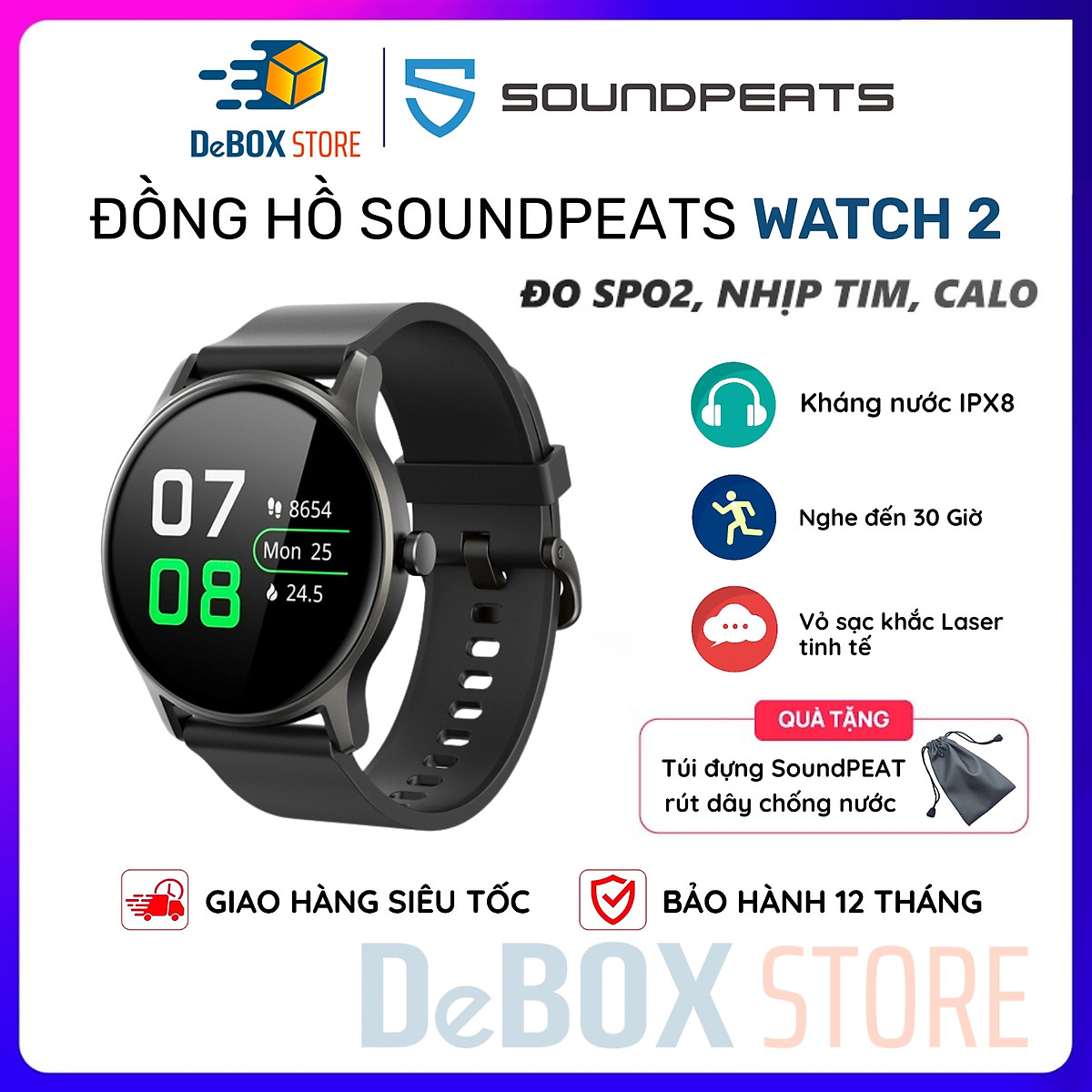 Đồng hồ thông minh thể thao SoundPEATS Watch 2 | Theo dõi SpO2 cả ...