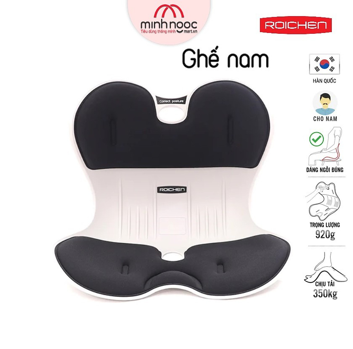 Ghế chỉnh dáng ngồi đúng - Roichen Hàn Quốc (Made in Korea). Dùng cho Nam, 5 màu lựa chọn (Đen, nâu, ghi xám, xanh Mint, xanh dương) Hàng chính hãng
