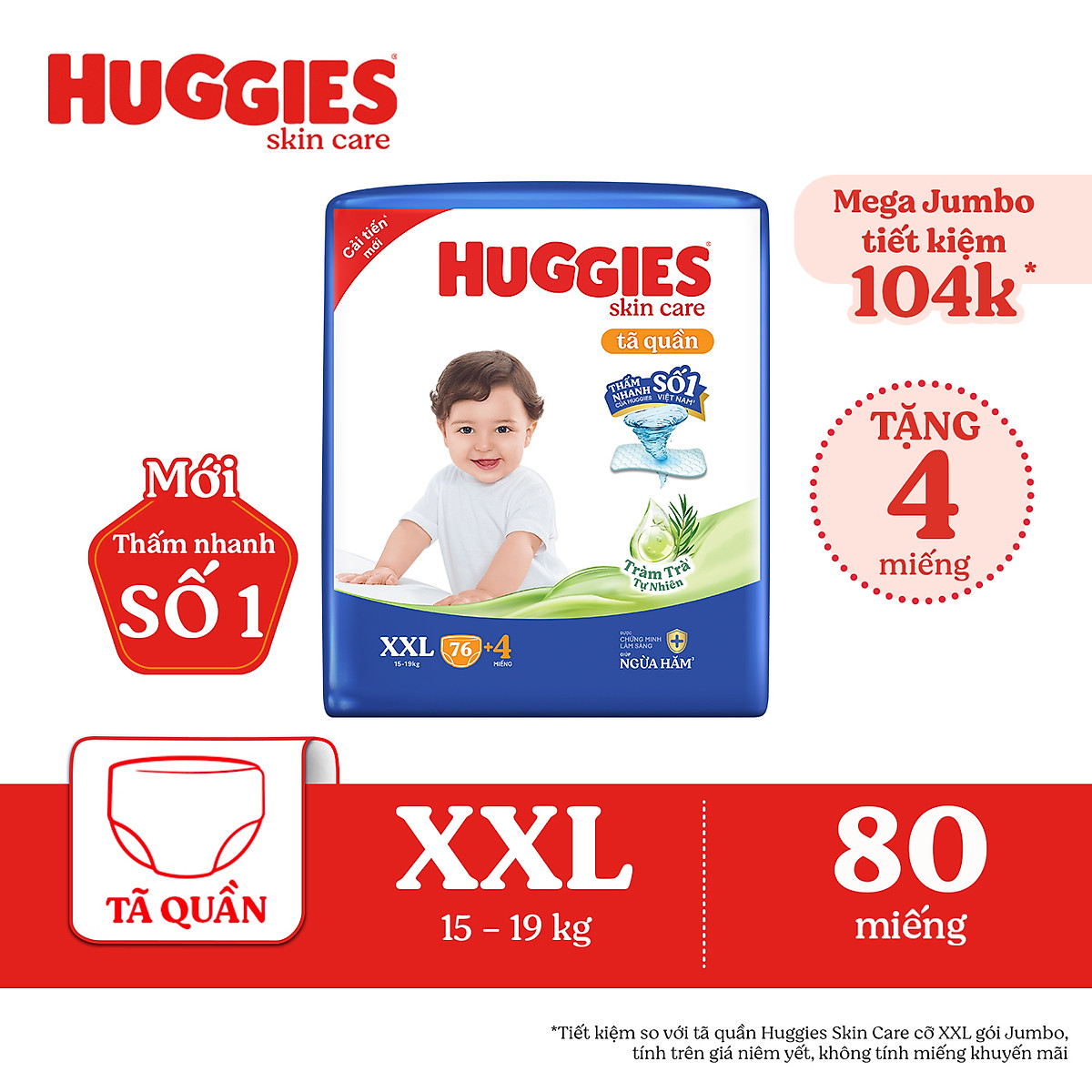 Tã/bỉm quần Huggies Skin Care Mega Jumbo XXL76+4 miếng với tràm trà dịu da
