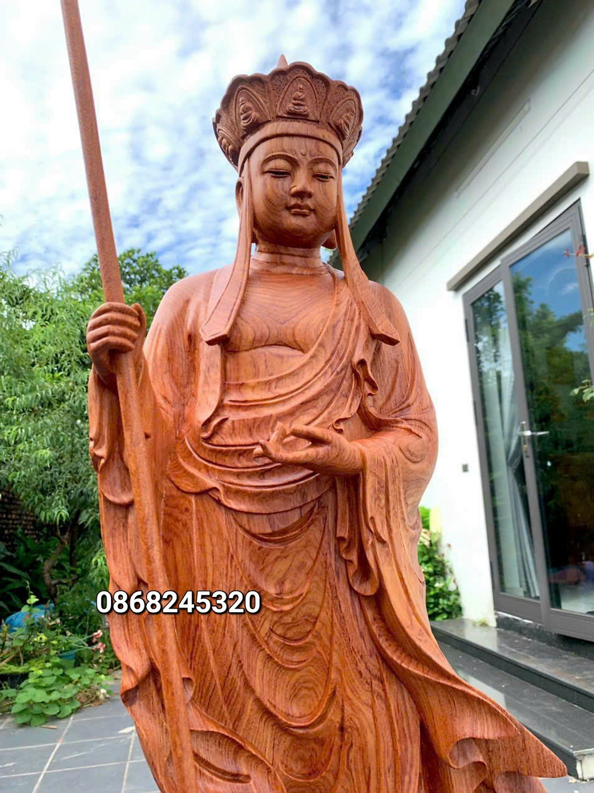 Tượng phật địa tạng vương bồ tát bằng gỗ hương đá kt cao 60×23×21cm