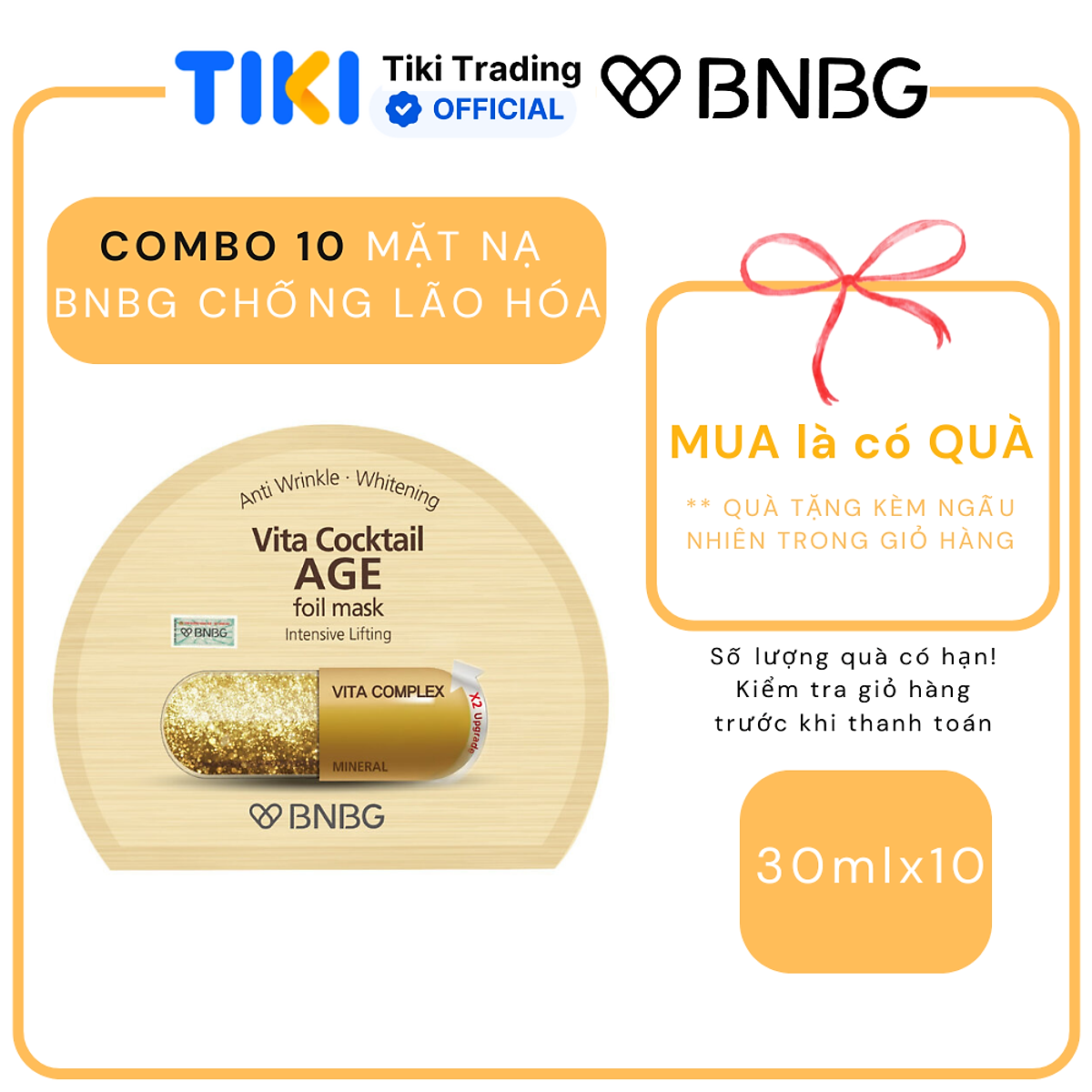 Combo 10 Mặt Nạ Chống Lão Hóa, Giảm Nếp Nhăn BNBG Vita Cocktail AGE Foil Mask 30mlx10