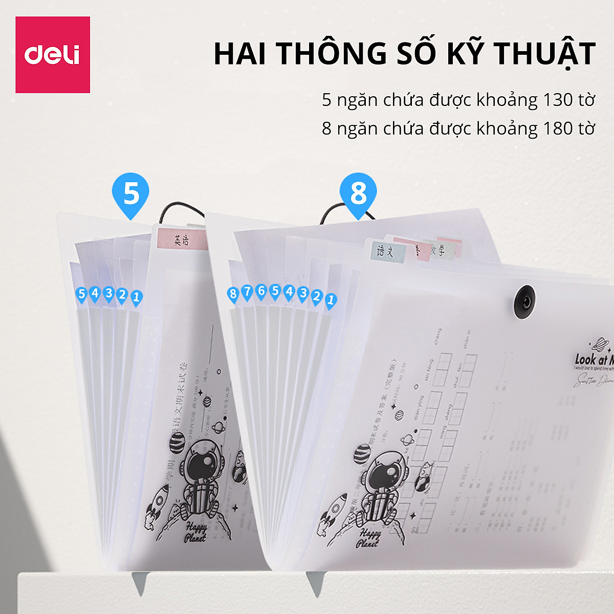 Cặp đựng tài liệu 5 ngăn/8 ngăn trong suốt A4 Deli File Đựng Tài Liệu Hồ Sơ, Túi Hồ Sơ Văn Phòng, File Lưu Trữ Đa Năng Trong Suốt Phi Hành Gia - có Nhãn dán đính kèm