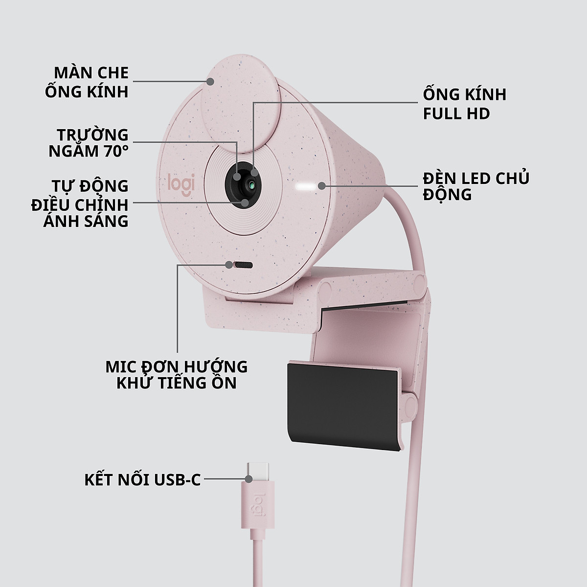 Máy Webcam Full HD Logitech Brio 300 Màn che ống kính, Micro giảm tiếng ồn, USB-C, được chứng nhận cho Zoom, Microsoft Teams, Google Meet, tự động điều chỉnh Ánh sáng - Hàng chính hãng