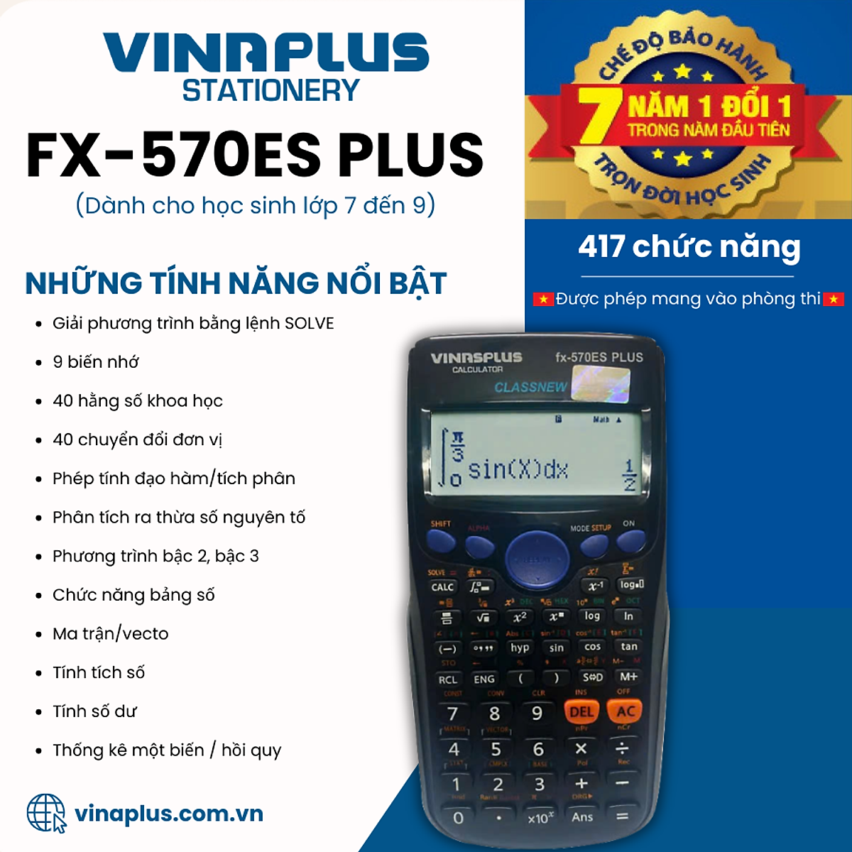Máy tính học sinh Fx-570ES PLUS Bảo Hành 7 Năm