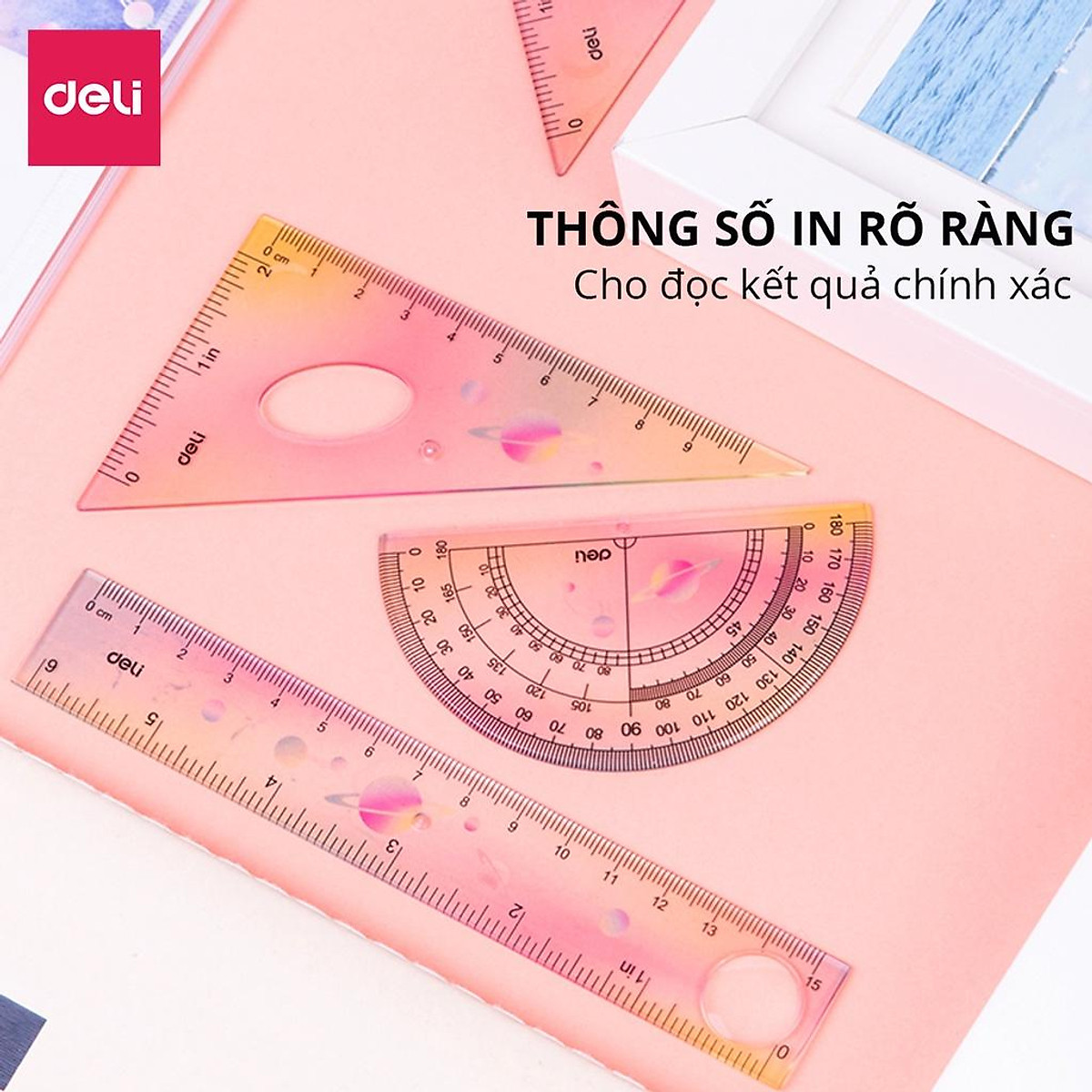 Bộ 4 Dụng Cụ Eke Thước Kẻ Thước Đo Góc Đo Độ Học Sinh Ombre Màu Thời Thượng Deli - Eke Tam Giác Vuông Đồ Dùng Toán Học Dụng Cụ Hình Học - EH652