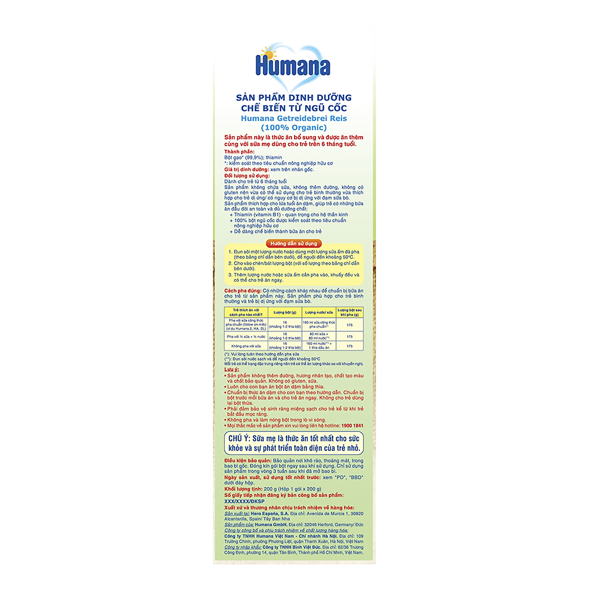 Bột ăn dặm dinh dưỡng Humana lúa gạo GETREIDEBREI REIS - Nhập khẩu 100% từ Đức - date 01/12/2022
