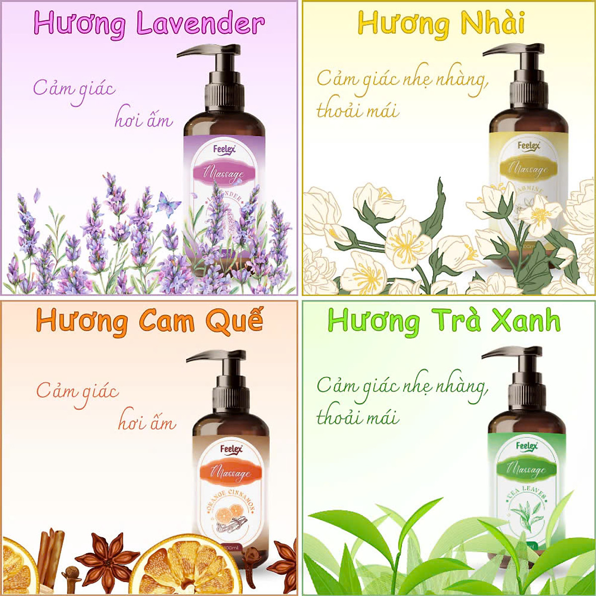 Dầu massage body Feelex toàn thân cho nam và nữ, nhiều mùi hương, dung tích 300ml