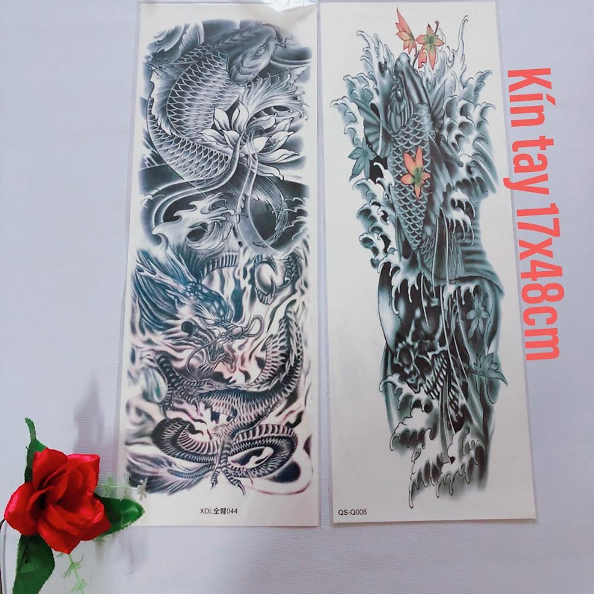 Combo 2 tấm hình xăm dán kín tay cá chép rồng đen trắng 17x48cm- mua 2