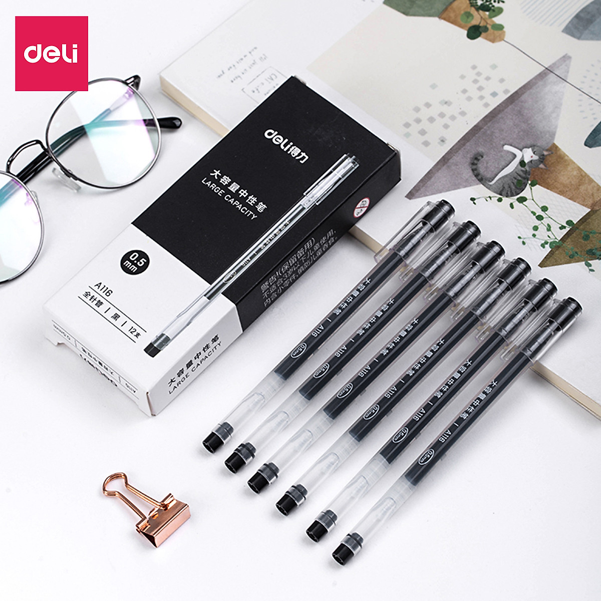 Bút gel 0.5mm Deli nhiều màu lựa chọn - Bút bi nước - 1 chiếc - Mực đỏ / Xanh / Đen - A116