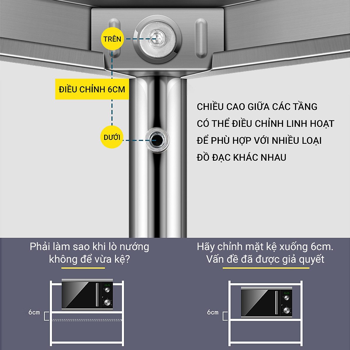 Kệ Đa Năng Để Lò Vi Sóng INOX Trắng Cao Cấp Chống Han Gỉ Kệ Để Đồ Nặng Siêu Gọn Cho Nhà Bếp VANDO