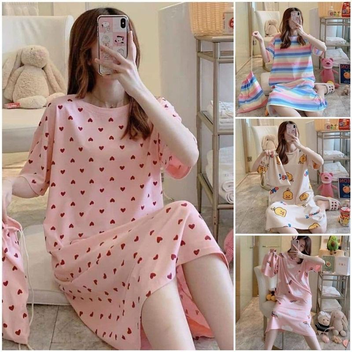 Mua Váy ngủ  đầm ngủ dáng suông chất cotton hoạ tiết hoạt hình dễ thương   Tiki