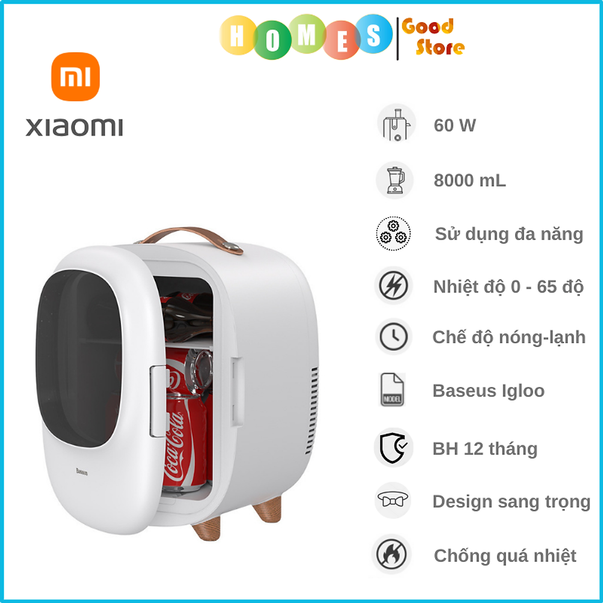Tủ Lạnh Mini XIAOMI Baseus, Dung Tích 8L, 2 Chế Độ Lạnh Nhiệt Độ 0-65 Độ, Công Suất 60W - Giao Hàng Toàn Quốc