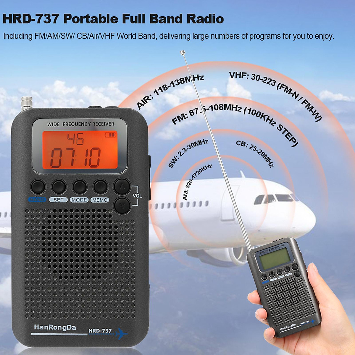 Mua HanRongDa HRD-737 Portable Full Band Radio Aircraft Band Receiver  FM/AM/SW/ CB/Air/VHF World Band with LCD Display Alarm - Gold tại Shanghai  Yinfeng