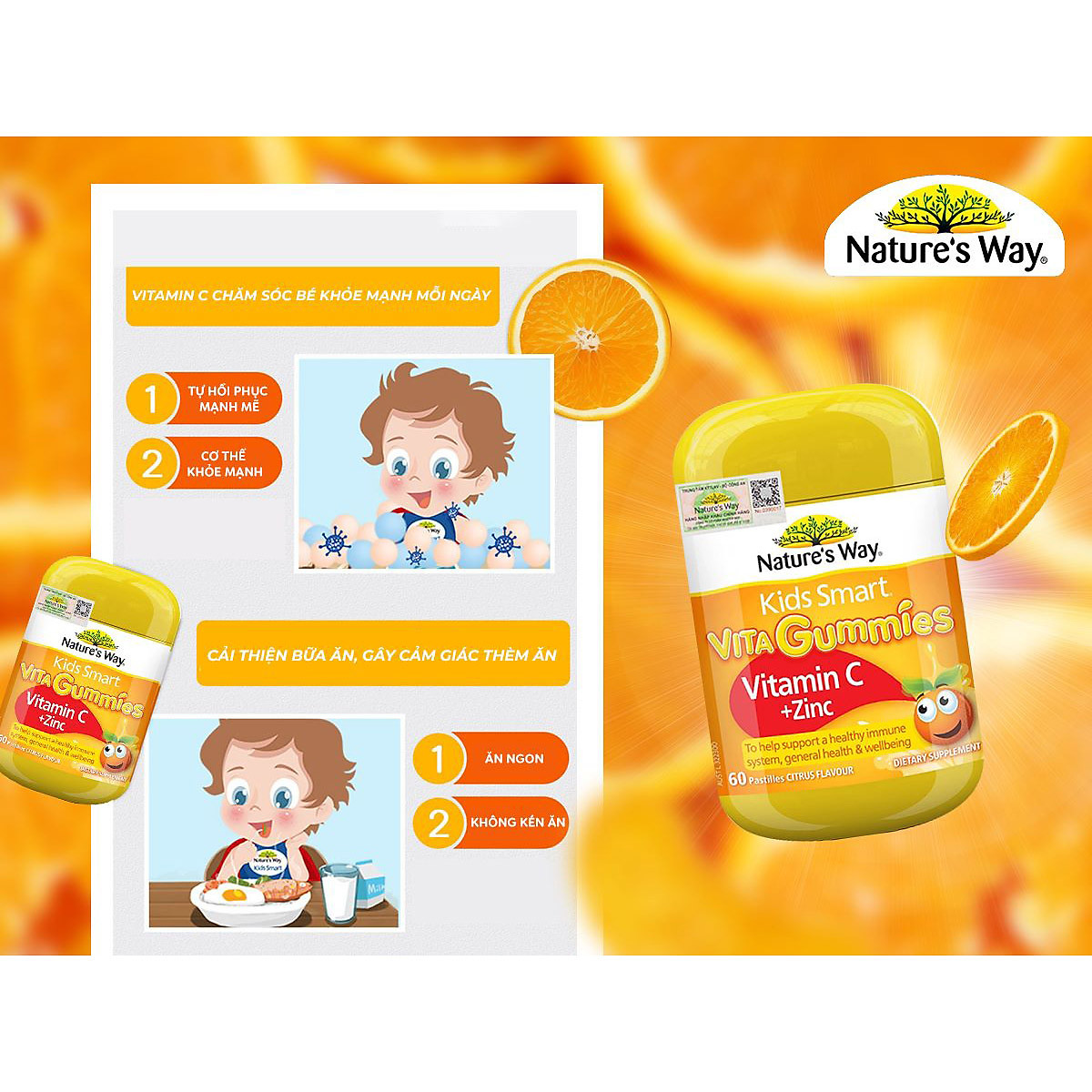 Nature's Way Kids Smart VITA GUMMIES( VITAMIN C+ Zn) - Bổ sung kẽm và vitamin C cho trẻ (60 viên/ lọ)