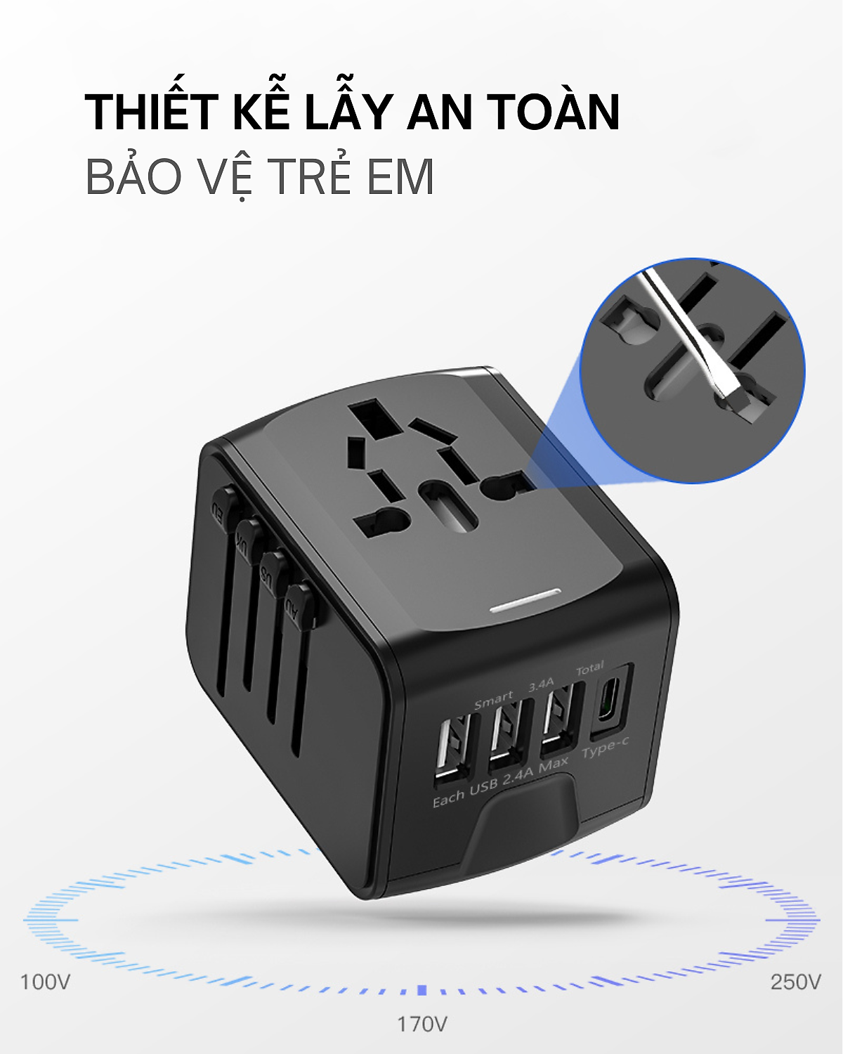 Ổ Cắm Điện Du Lịch Quốc Tế Đa Năng Tích Hợp 3 Cổng USB-A 1 Cổng USB C. Chất Liệu Nhựa PC Chống Cháy Phù Hợp Với Hơn 150 Nước. Hàng Chính Hãng Tamayoko