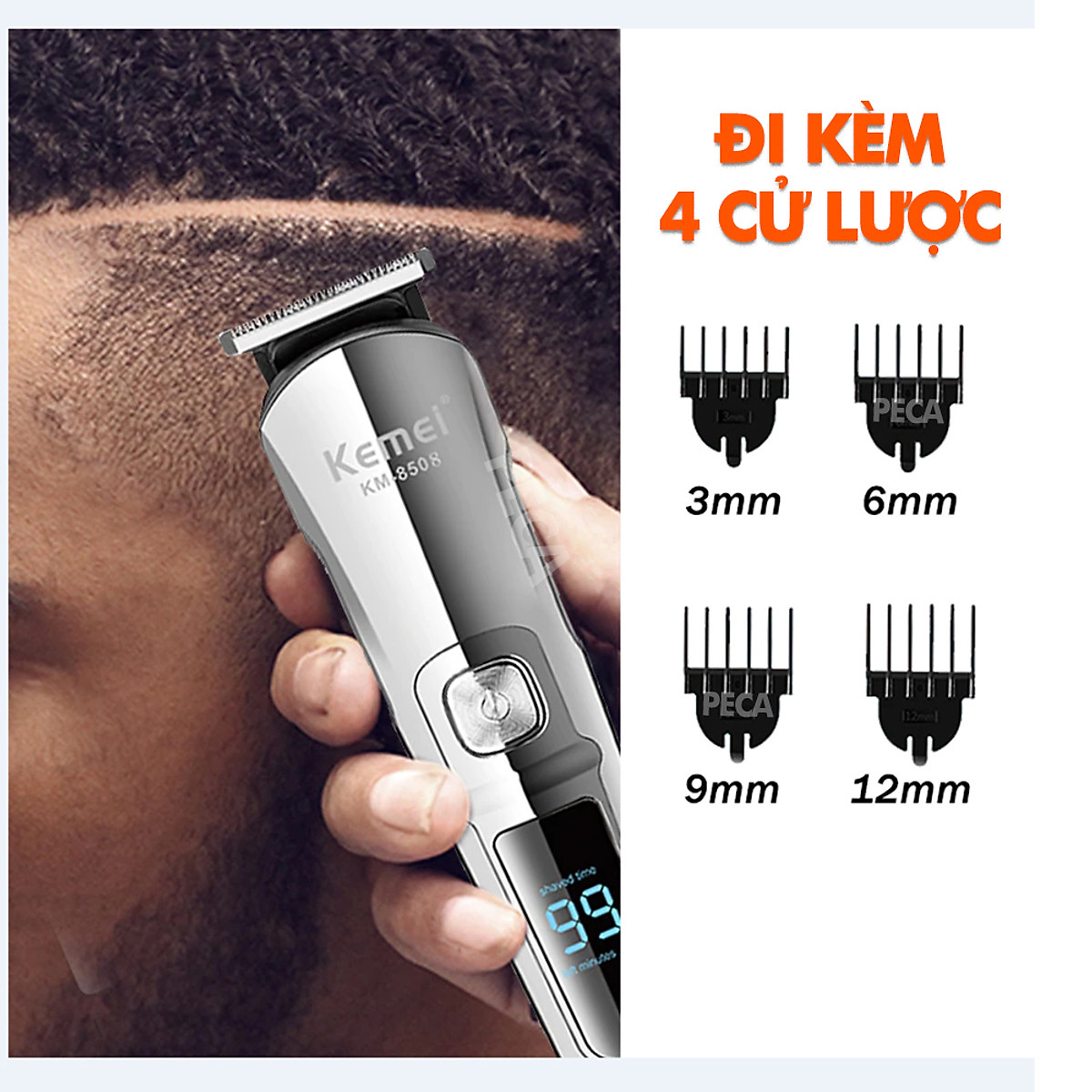 Tông đơ cắt tóc đa năng 11in1 Kemei KM-8508 nhiều đầu thay thế dùng cắt tóc, chấn viền, cạo râu, cạo lông, tỉa lông mũi, cạo chân mày,...có màn hình LED hiển thị điều chỉnh 2 mức tốc độ sạc nhanh 2h