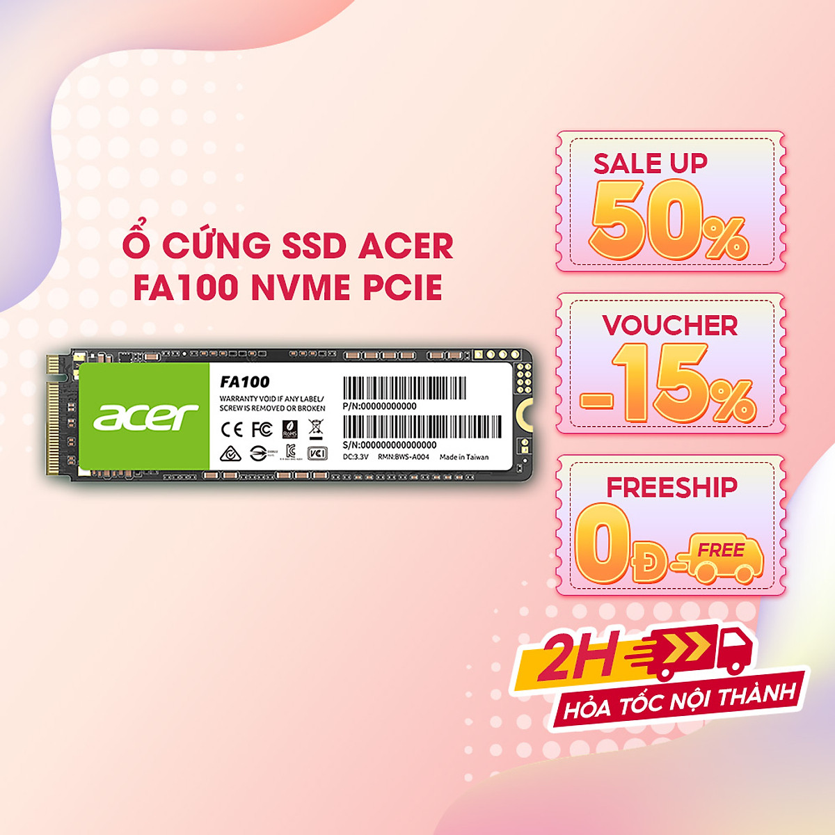 Ổ cứng SSD Acer FA100 M2 NVMe PCIe Gen3 128GB - 2TB - Hàng chính hãng