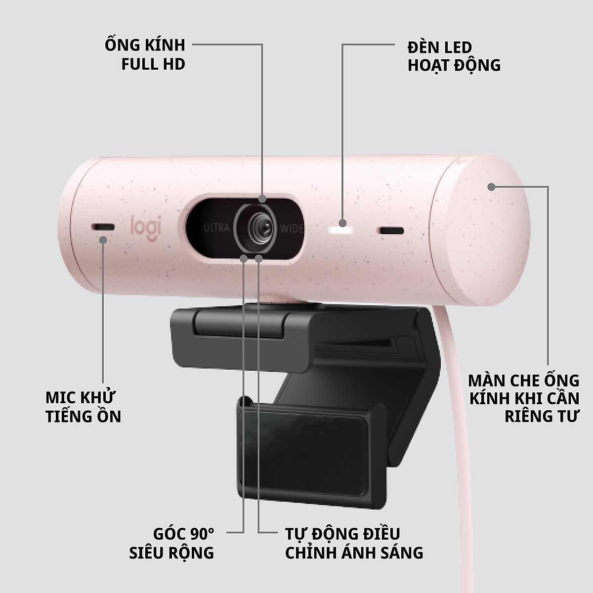 Webcam Logitech Full HD Brio 500 - Tự động điều chỉnh ánh sáng, Tự động lấy khung hình,Show mode, Mic kép giảm ồn, nắp che bảo mật, Hoạt động với Microsoft Teams, Google Meet, Zoom - Hàng chính hãng