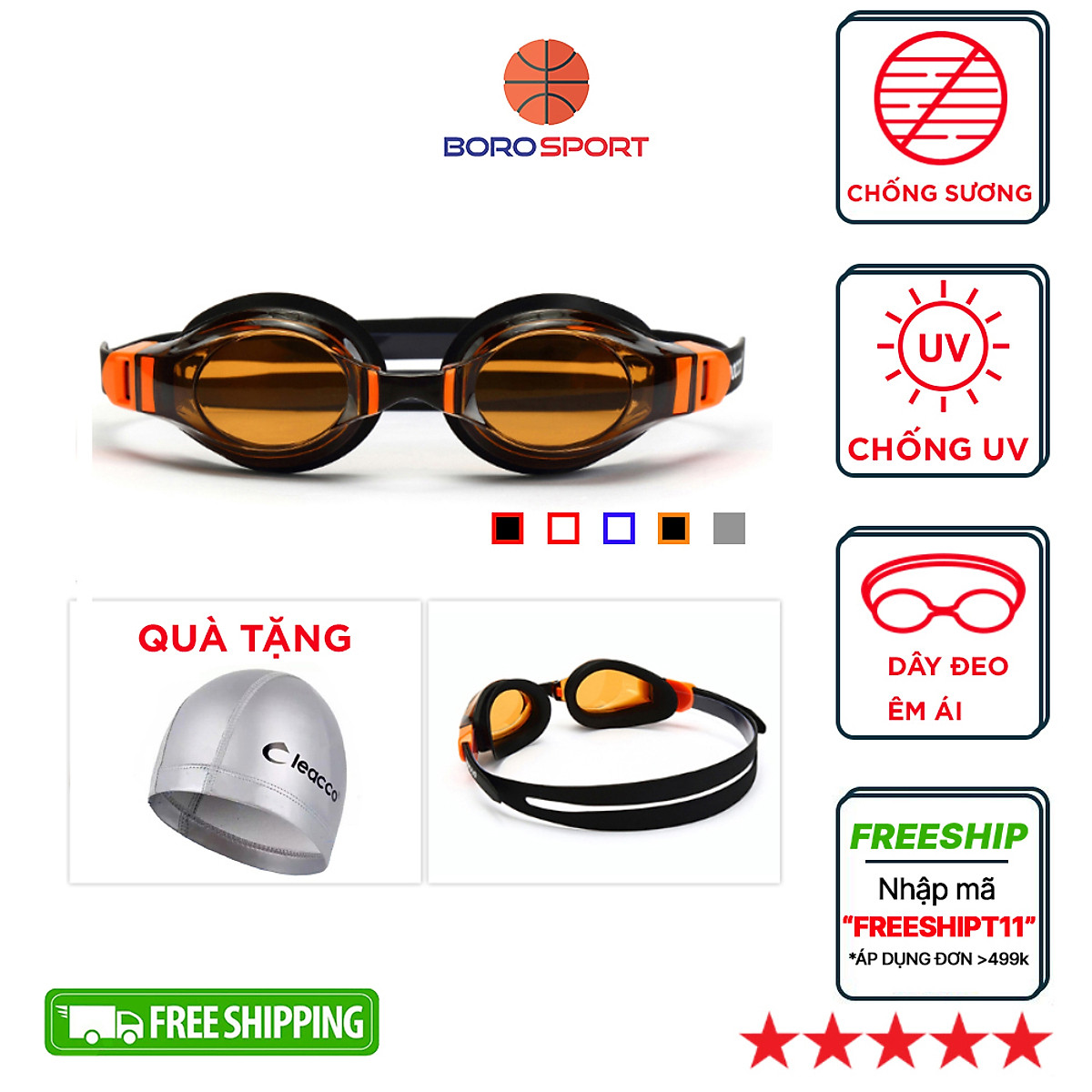 Kính bơi chống tia UV , Chống sương mù , bảo vệ mắt Cleacco, dây đeo được làm 100% silicone mềm mại, thoải mái tặng kèm nón bơi vải PU cao cấp Cleacco (Màu ngẫu nhiên) - Hàng chính hãng