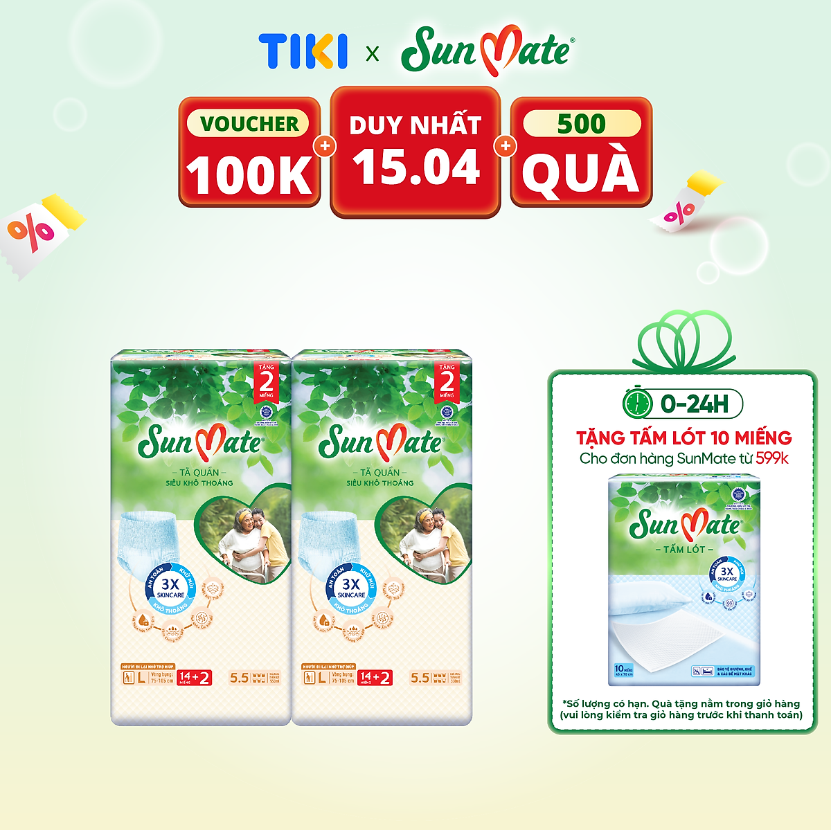 Combo 2 Tã quần SunMate siêu khô thoáng G1 mới size L-14+2 miếng