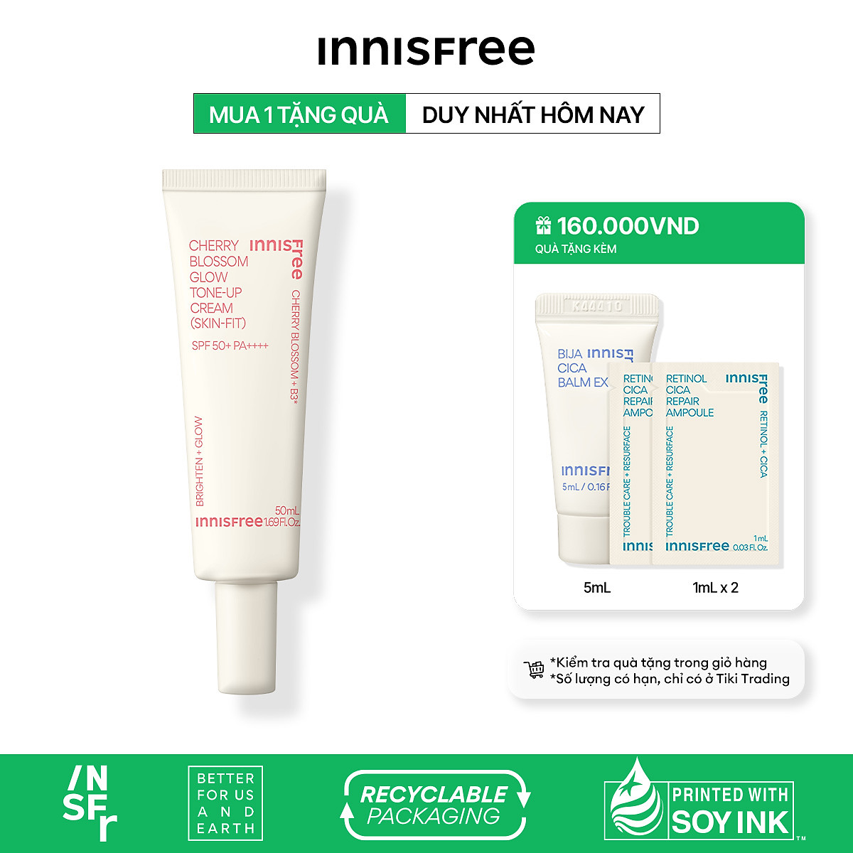 Kem dưỡng ẩm làm sáng chống nắng cho da innisfree Cherry Blossom Glow Skin-Fit Tone-Up Cream SPF 50+PA++++ 50ml