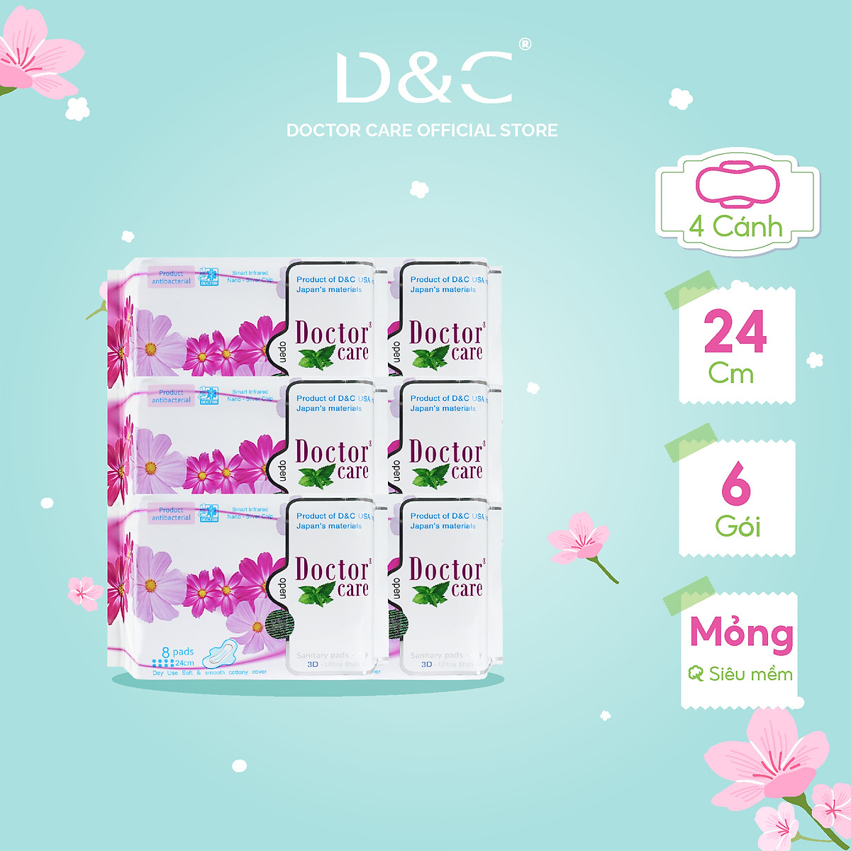Combo 6 Băng vệ sinh thảo dược Doctor Care, BVS ban ngày 24cm siêu khô thoáng cả ngày dài